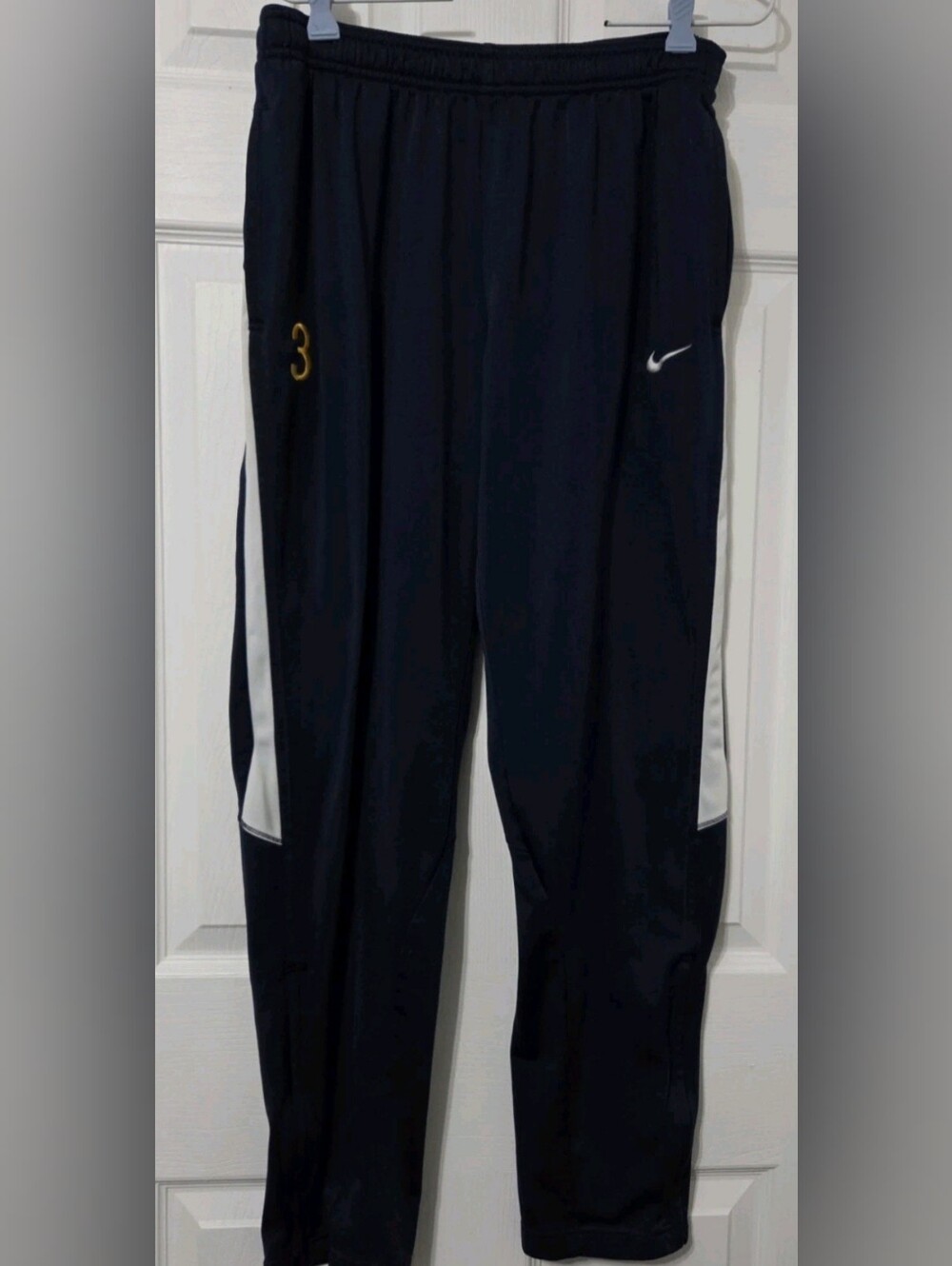 Nike Womens Small Athletic Warm Up Pants White Strip Zipper Legs Navy Blue #3